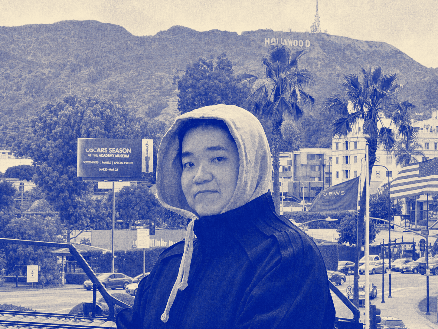 Cobalt-duotone portrait of Moon Kim in Hollywood
